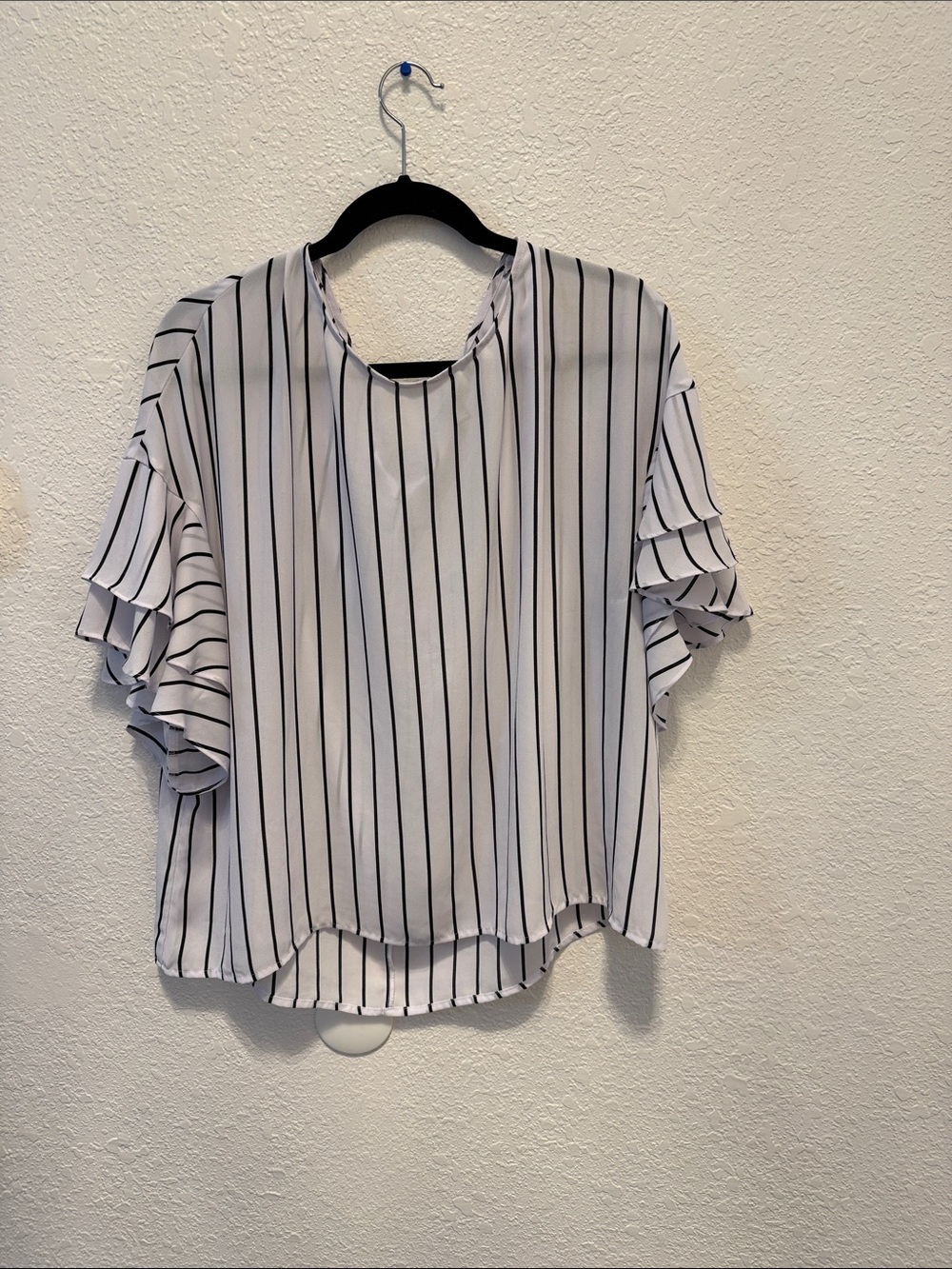 a.n.a White Blouse with Black Vertical Stripes and Ruffle Sleeves
